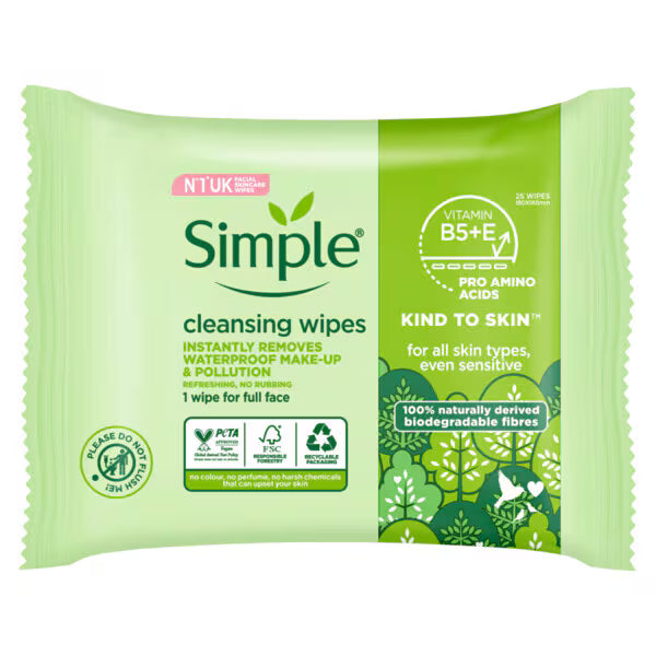 Simple biodegradable cleansing wipes 25 wipes (British brand)