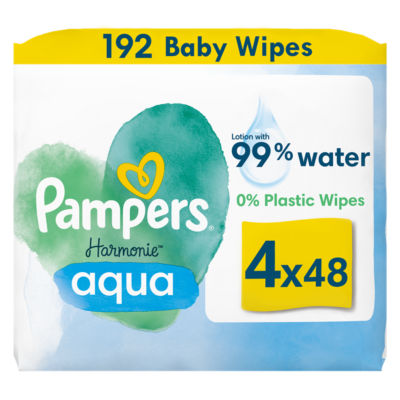 Pampers Harmonie Aqua Plastic Free Baby Wipes 4 Packs (192 wipes), imported from the UK