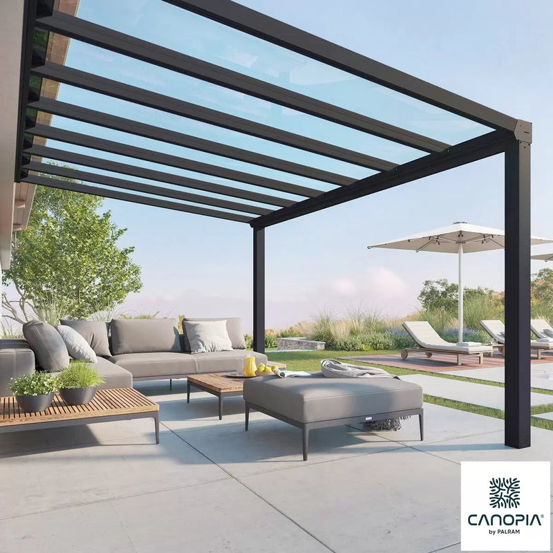 Palram Canopia Stockholm aluminium patio cover 3.4m x 5.1m, imported from the UK