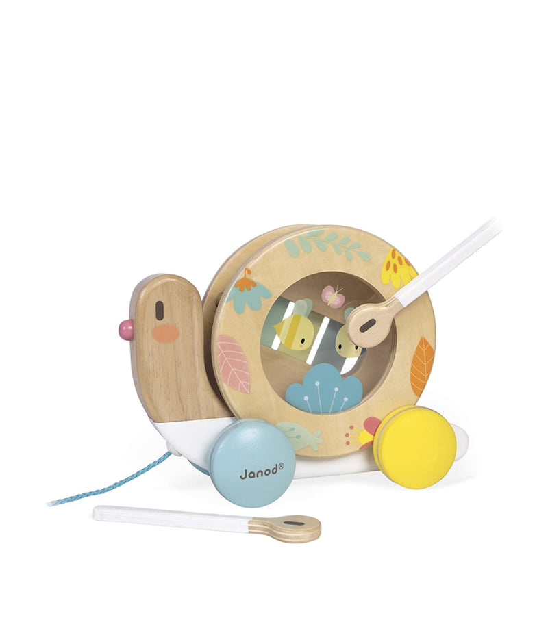 Janod Pure pull-along snail toy with xylophone and tambourine, UK version