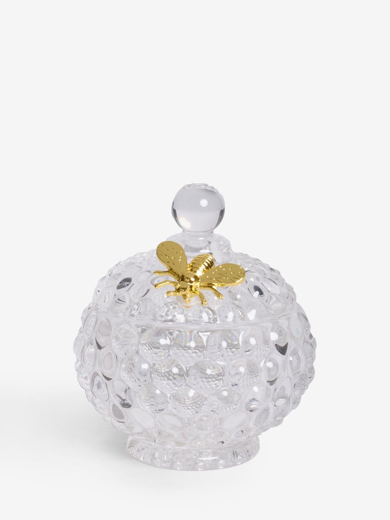 Clear bee glass trinket dish with gold bee lid, 11x10x10cm - British product