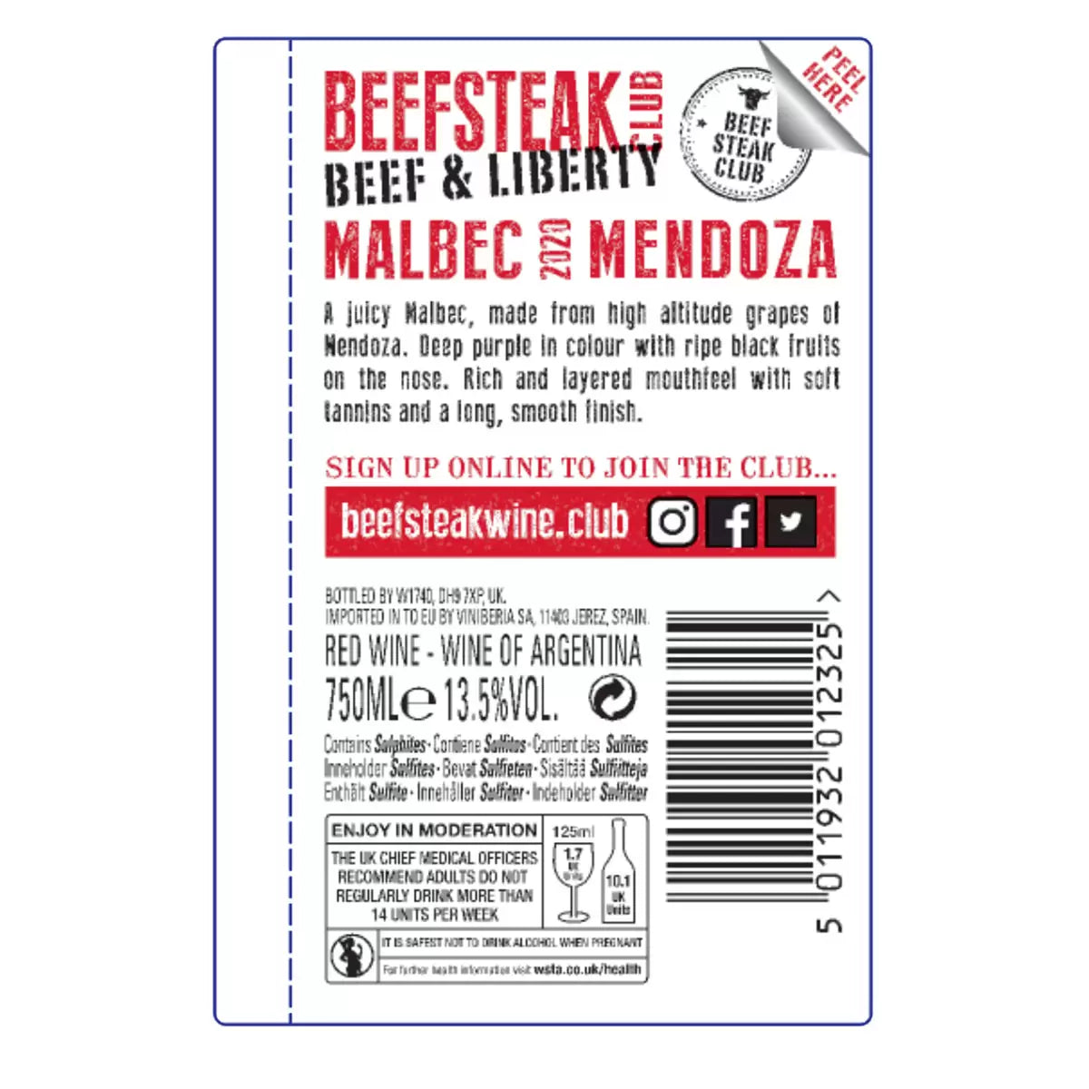 Beefsteak Club Malbec red wine 75cl - British product
