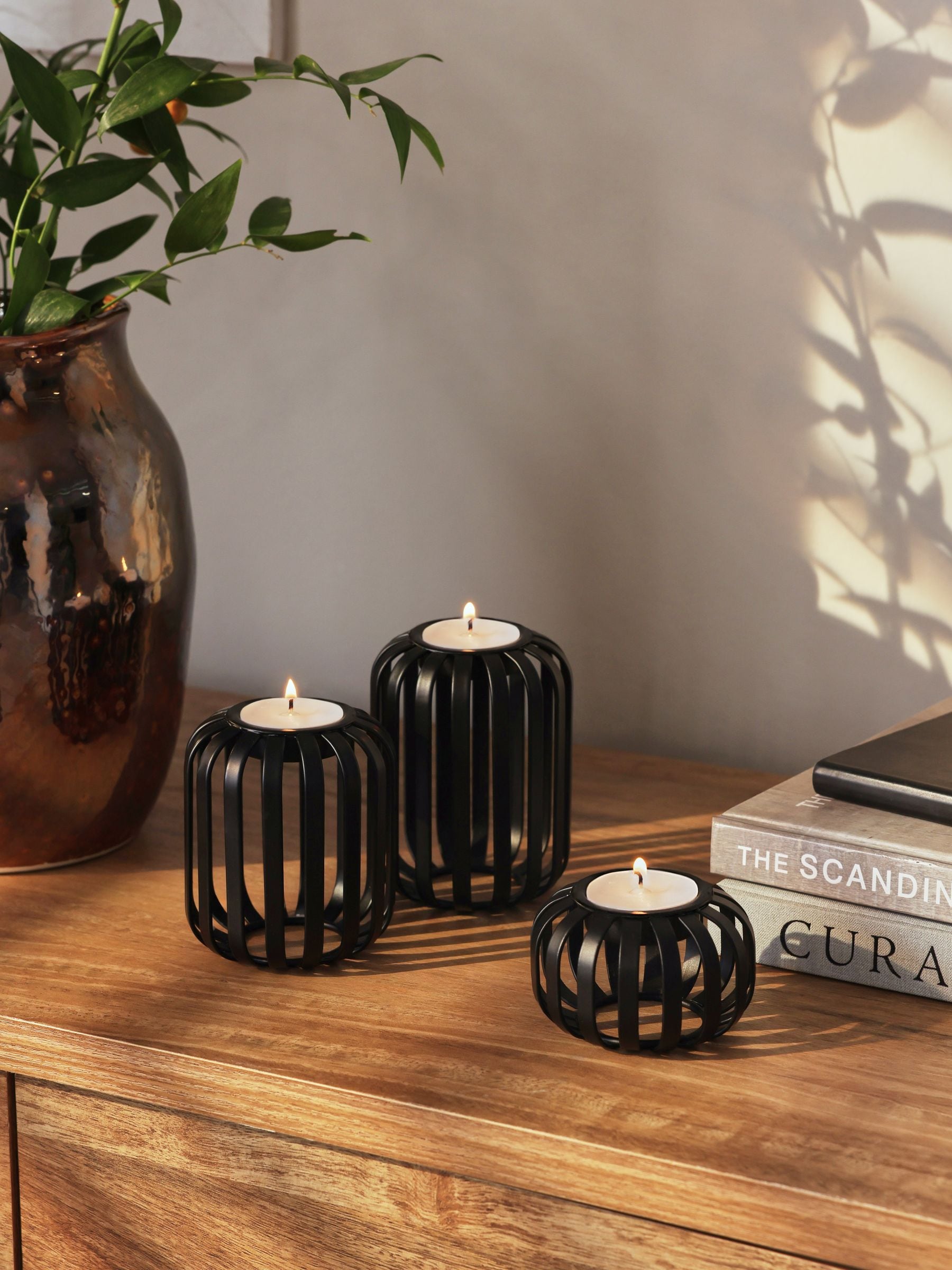 Set of 3 black wire tea light candle holders (British brand)