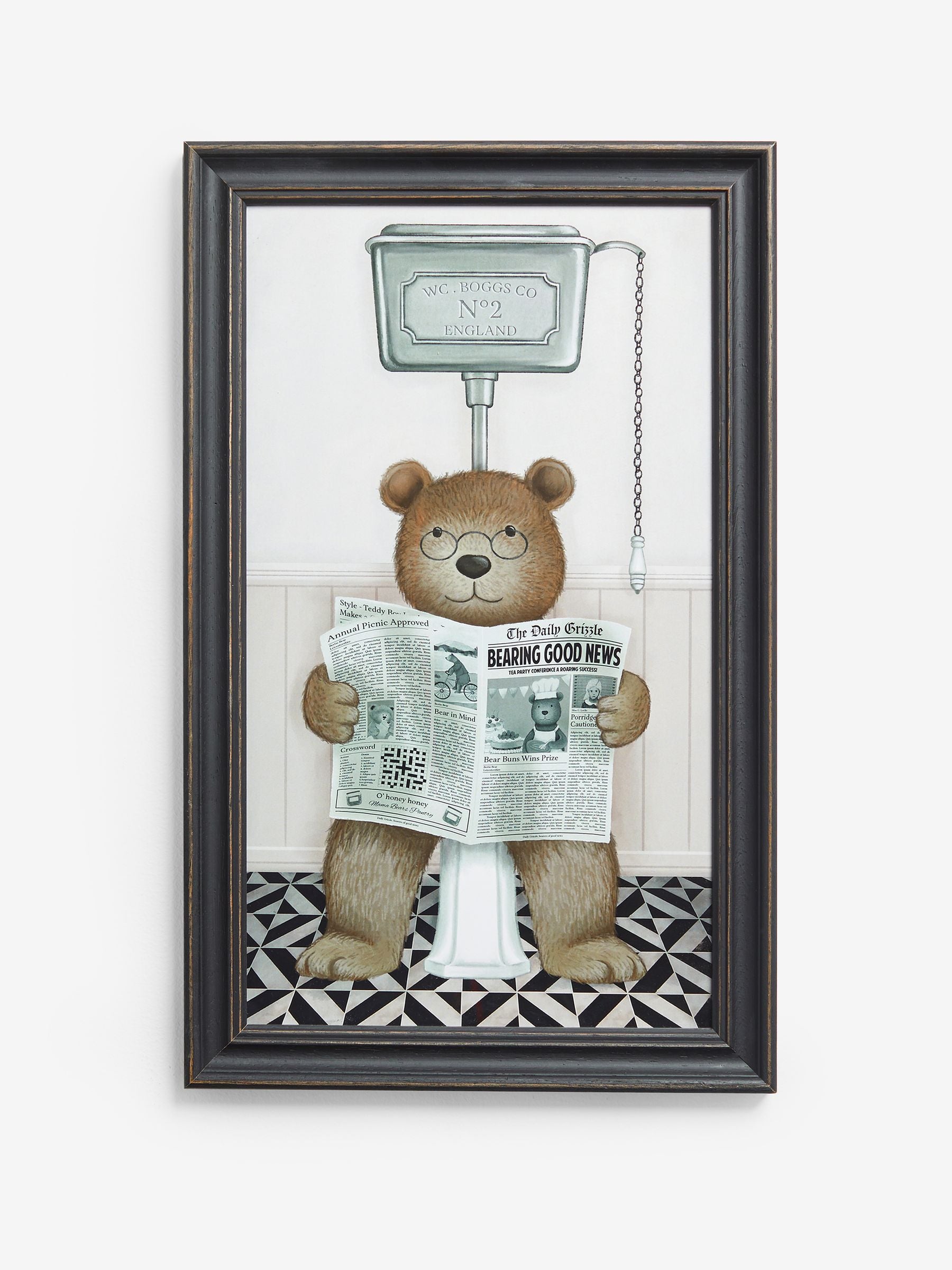 Black Bertie Bear on the Loo framed wall art 40x23x2cm - British product