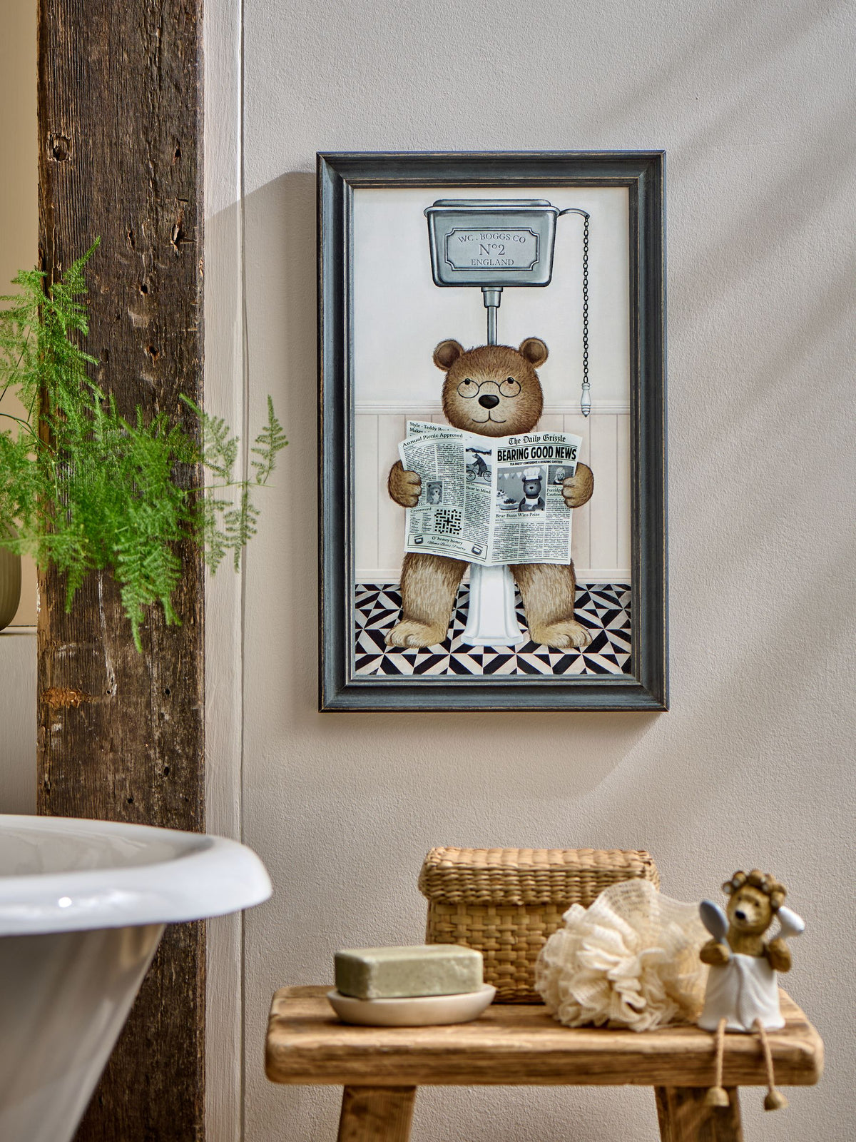 Black Bertie Bear on the Loo framed wall art 40x23x2cm - British product