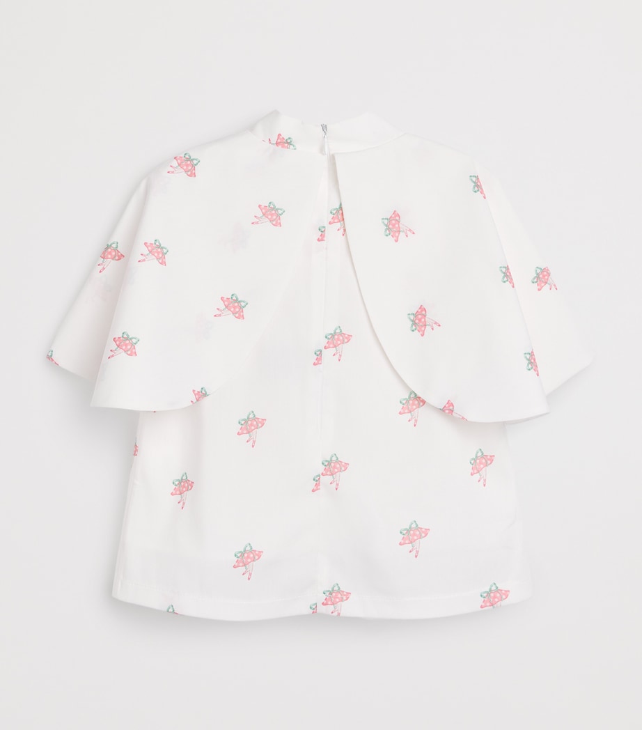 Mama Luma satin tie-neck blouse with mushroom-capped ballet dancers print for girls 3-12 years, imported from the UK