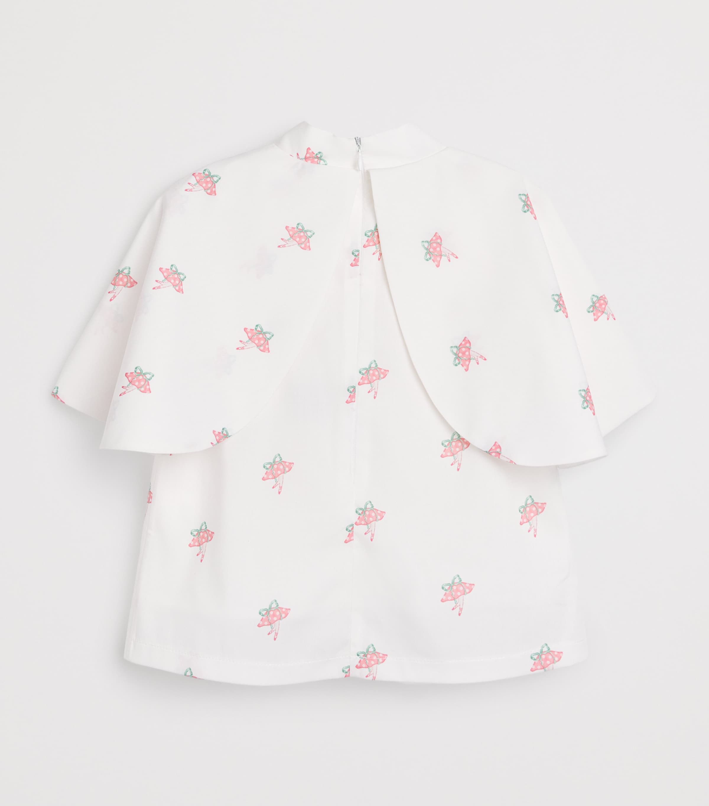Mama Luma satin tie-neck blouse with mushroom-capped ballet dancers print for girls 3-12 years, imported from the UK