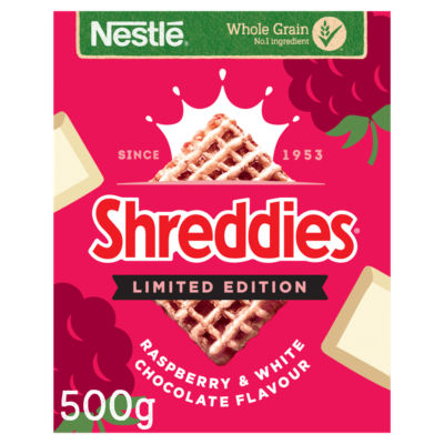 Nestlé Shreddies Raspberry and White Chocolate breakfast cereal 500g (British brand)