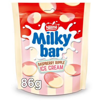 Milkybar raspberry ripple white chocolate buttons 86g, imported from the UK