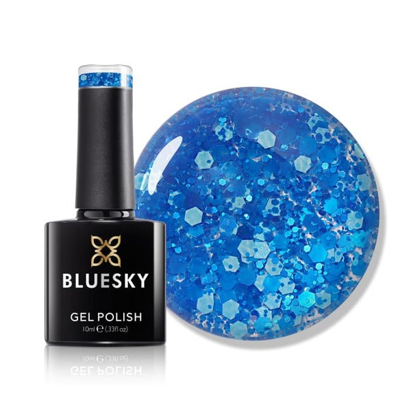 Bluesky glitter neon blue gel nail polish (British brand)