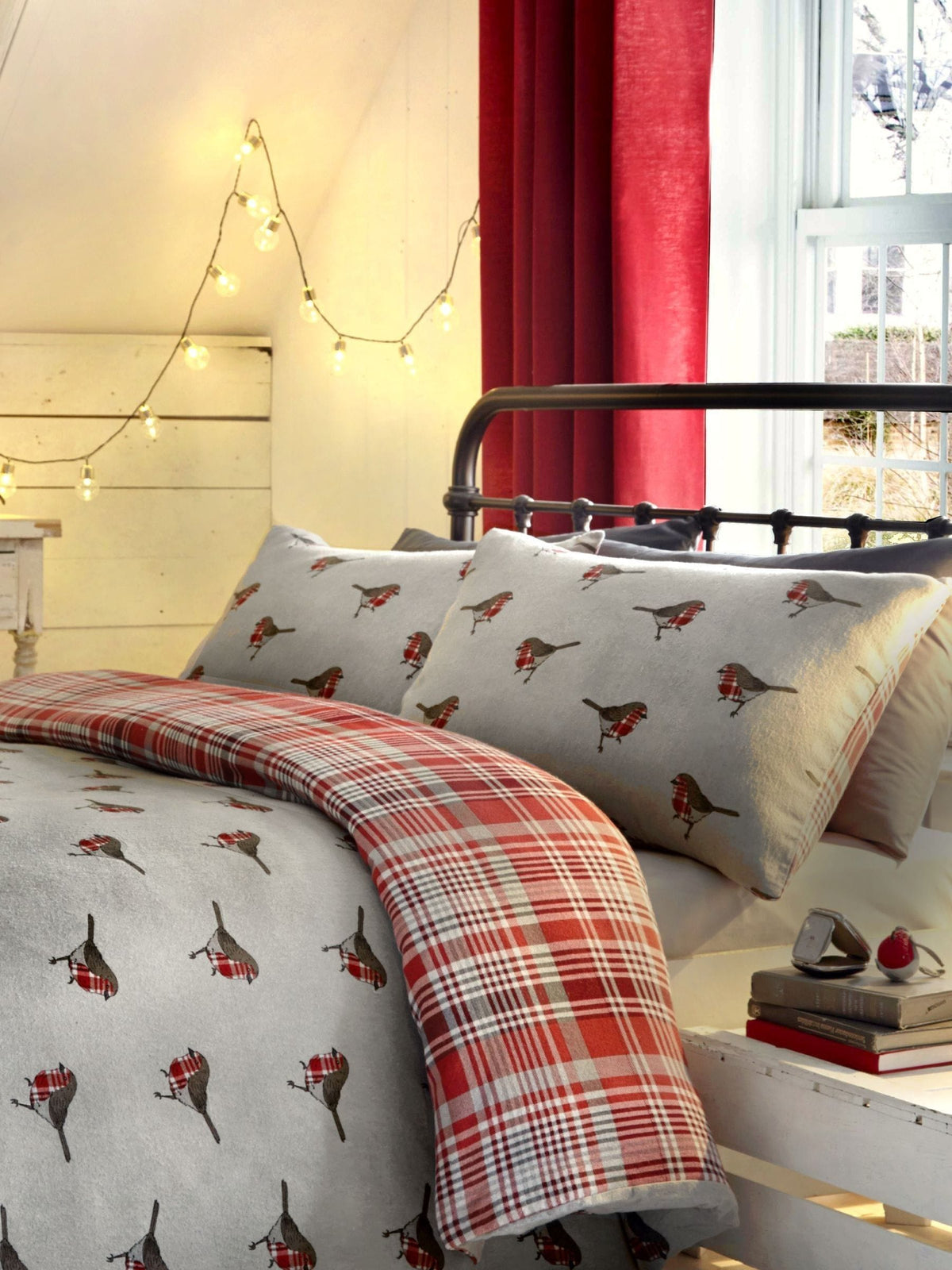 Fusion Red Robin Brushed Animal Pattern 100% Cotton Christmas Duvet Cover and Pillowcase Set