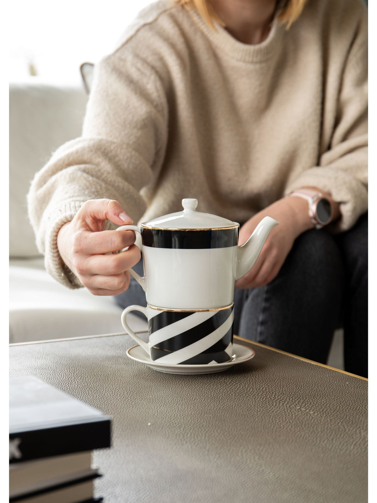 Mikasa White Luxe Deco stacking teapot and cup set, imported from the UK