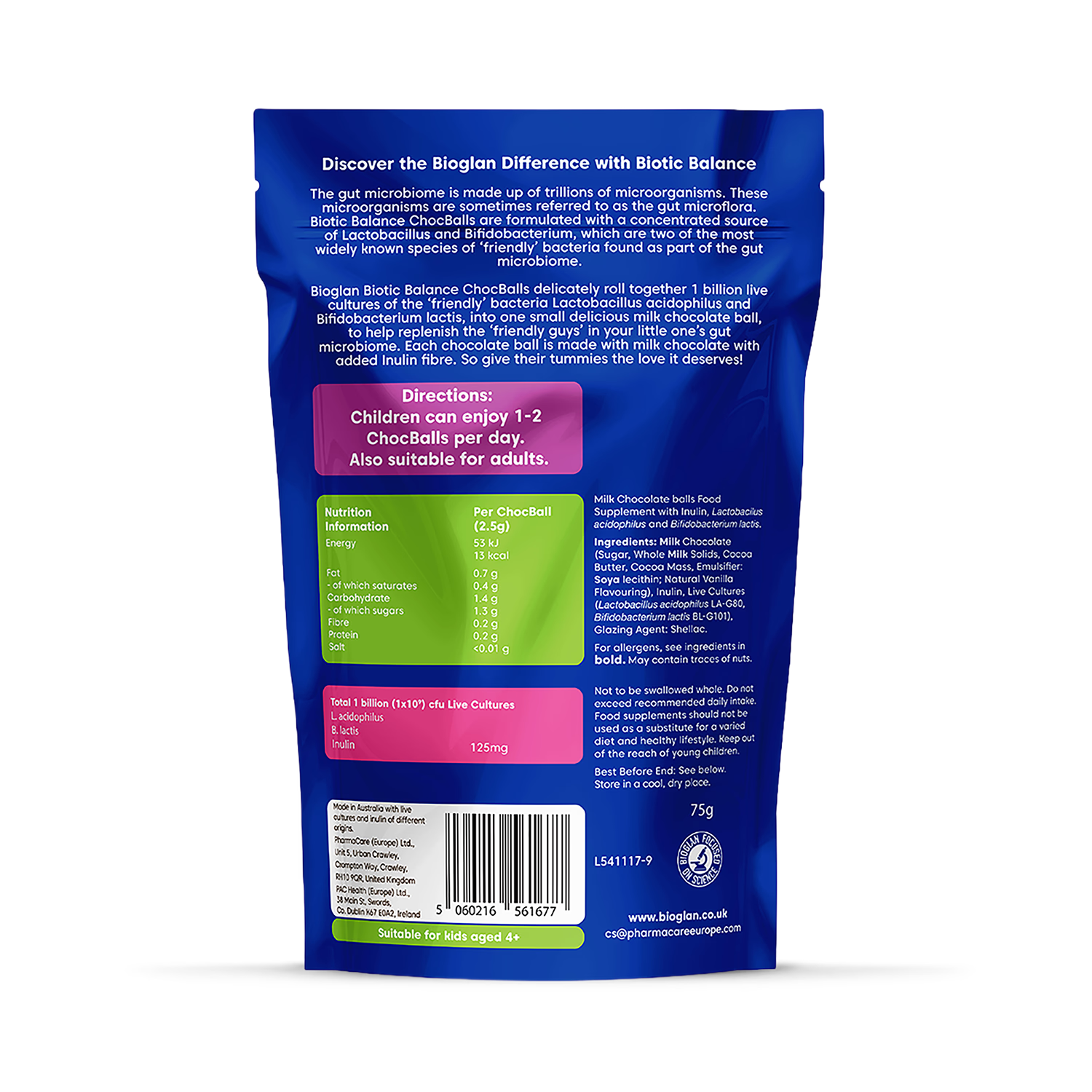 Bioglan Biotic Balance ChocBalls Kids Chocolate 75g - British product