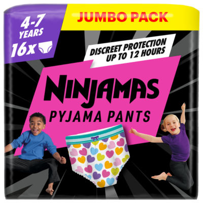 Pampers Ninjamas Pyjama Pants Unisex Hearts for 4-7 years, 16 count, imported from the UK