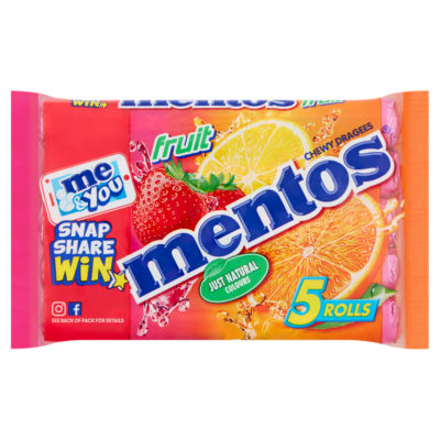 Mentos fruit chewy dragees 5 x 38g, imported from the UK