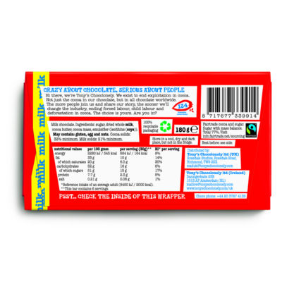 Tony's Chocolonely milk chocolate bar 180g (British brand)
