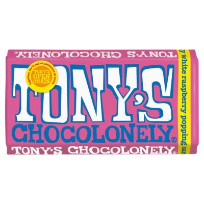 Tony's Chocolonely white chocolate bar with raspberry and popping candy 180g (British brand)