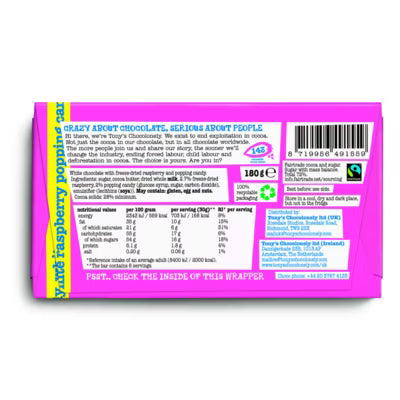 Tony's Chocolonely white chocolate bar with raspberry and popping candy 180g (British brand)