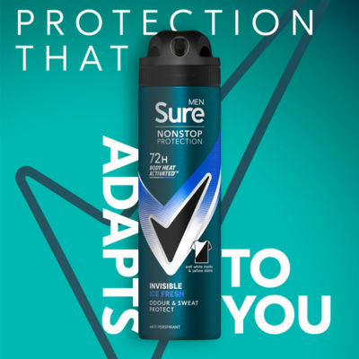 Sure Men's Anti-Perspirant Aerosol Invisible Ice Fresh 150ml (British brand)