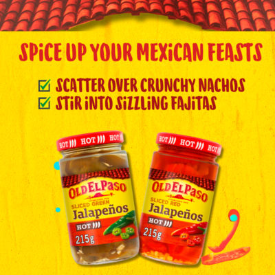 Old El Paso Jalapeños pickled green slices 215g, imported from the UK