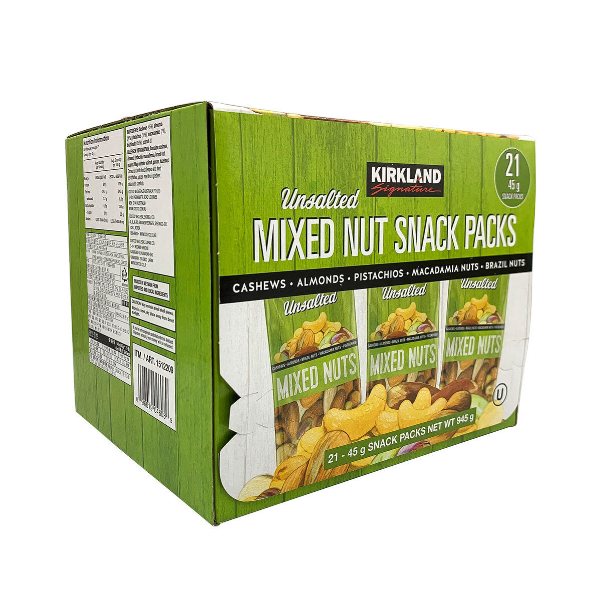 Kirkland Signature unsalted mixed nut snack packs 21 x 45g, UK version