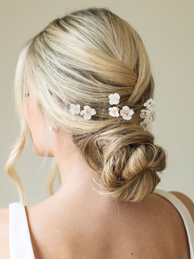 Ceramic and Crystal Floral Hairpin Set in 14ct Gold Plating, 3-Piece Set