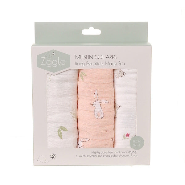 Ziggle Muslin Squares Pink Bunnies 70cm x 70cm (British brand)