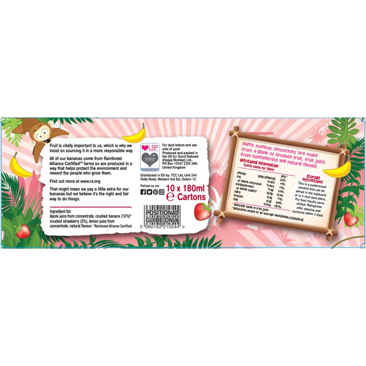 Happy Monkey Strawberry & Banana Smoothies, 4 x 10 x 180ml - McGrocer