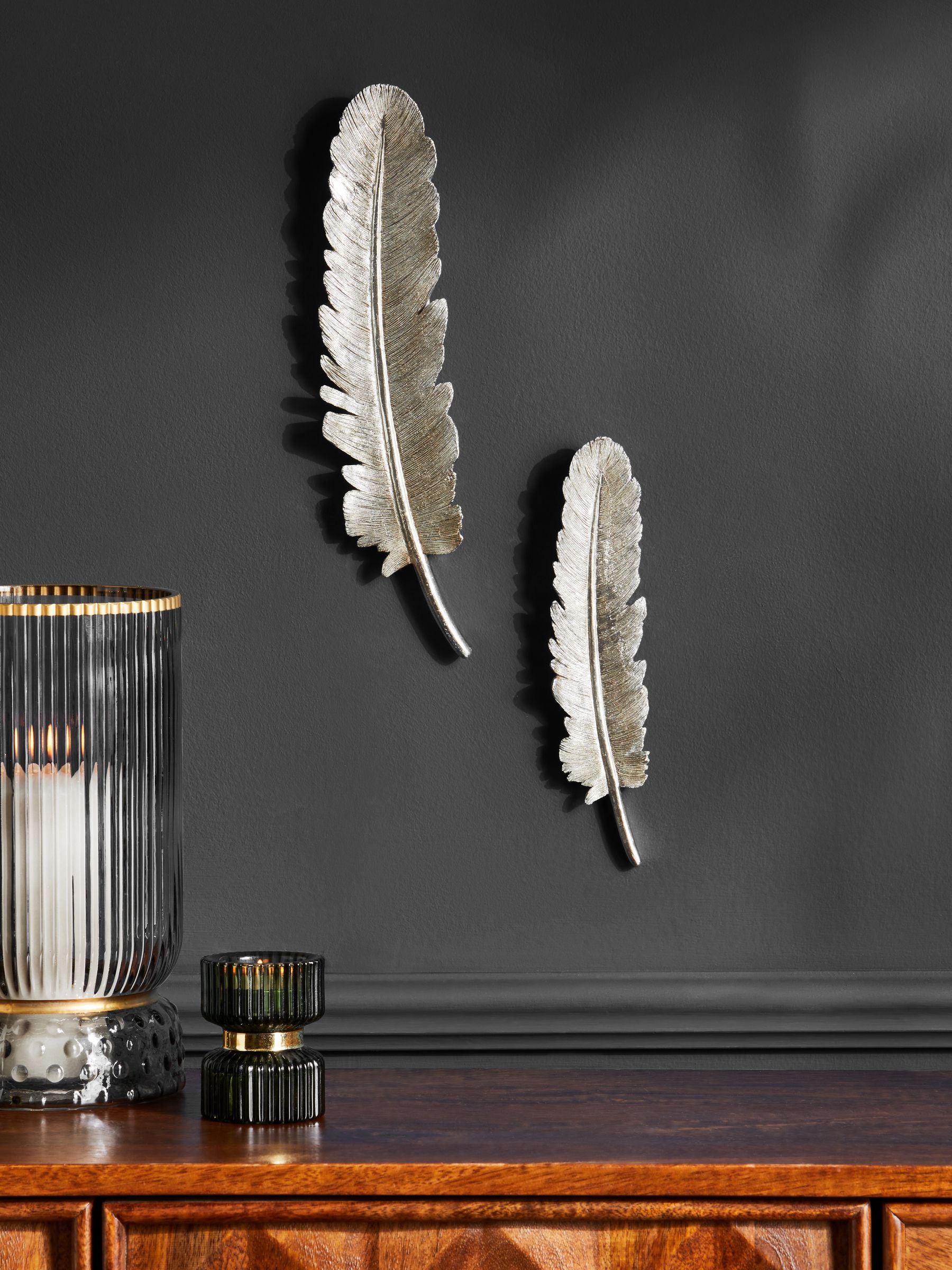 Set of 2 Silver Feather Wall Art