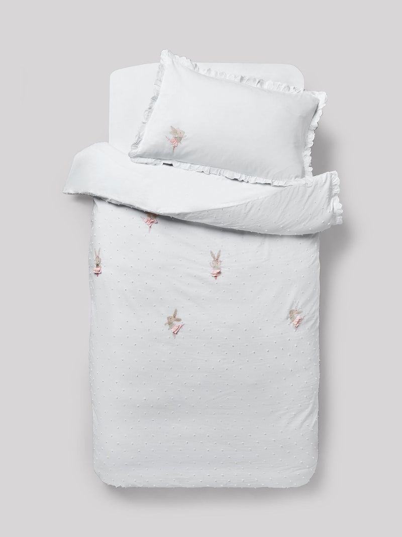 White embroidered bunny ballerinas duvet cover and pillowcase set (British brand)