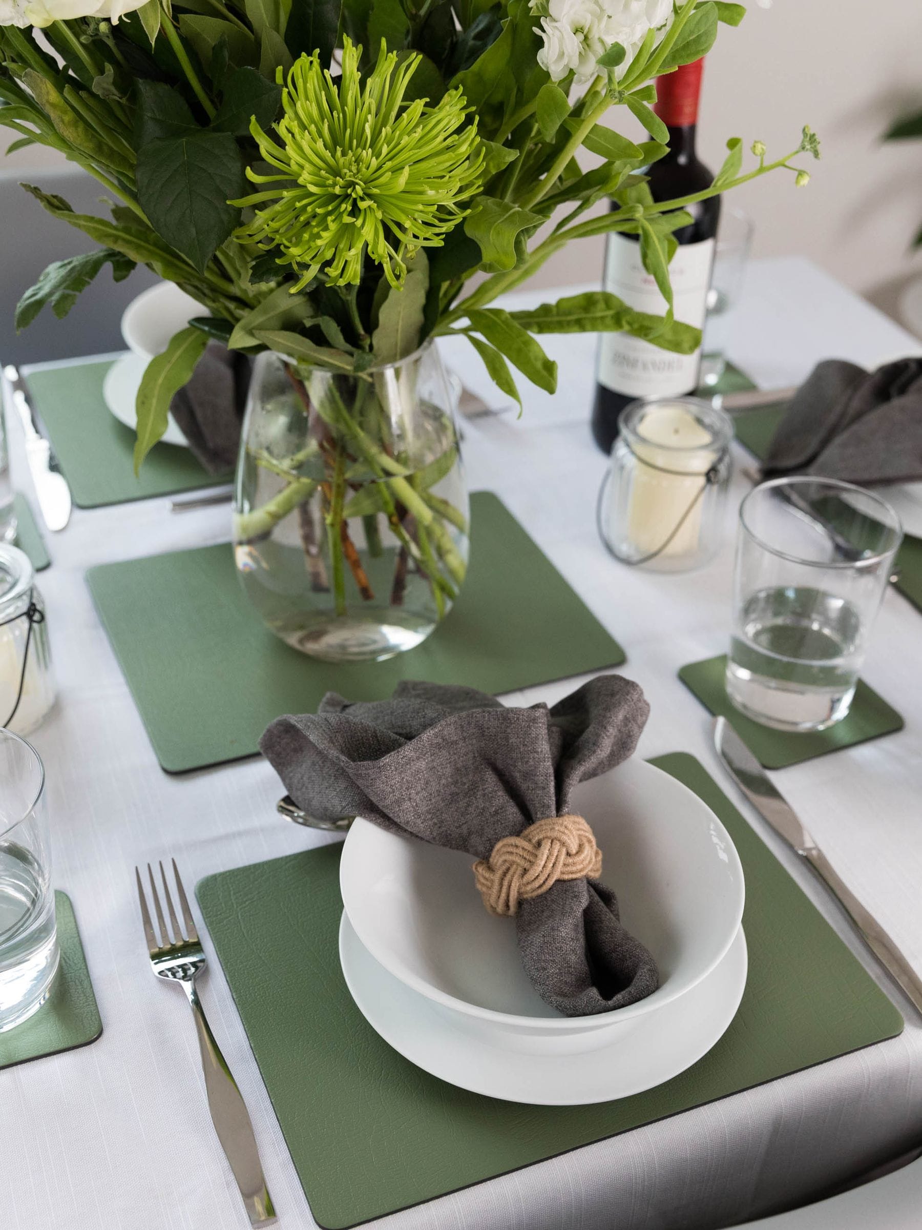 Lara-May olive green leather coasters and placemats set of 6, UK version