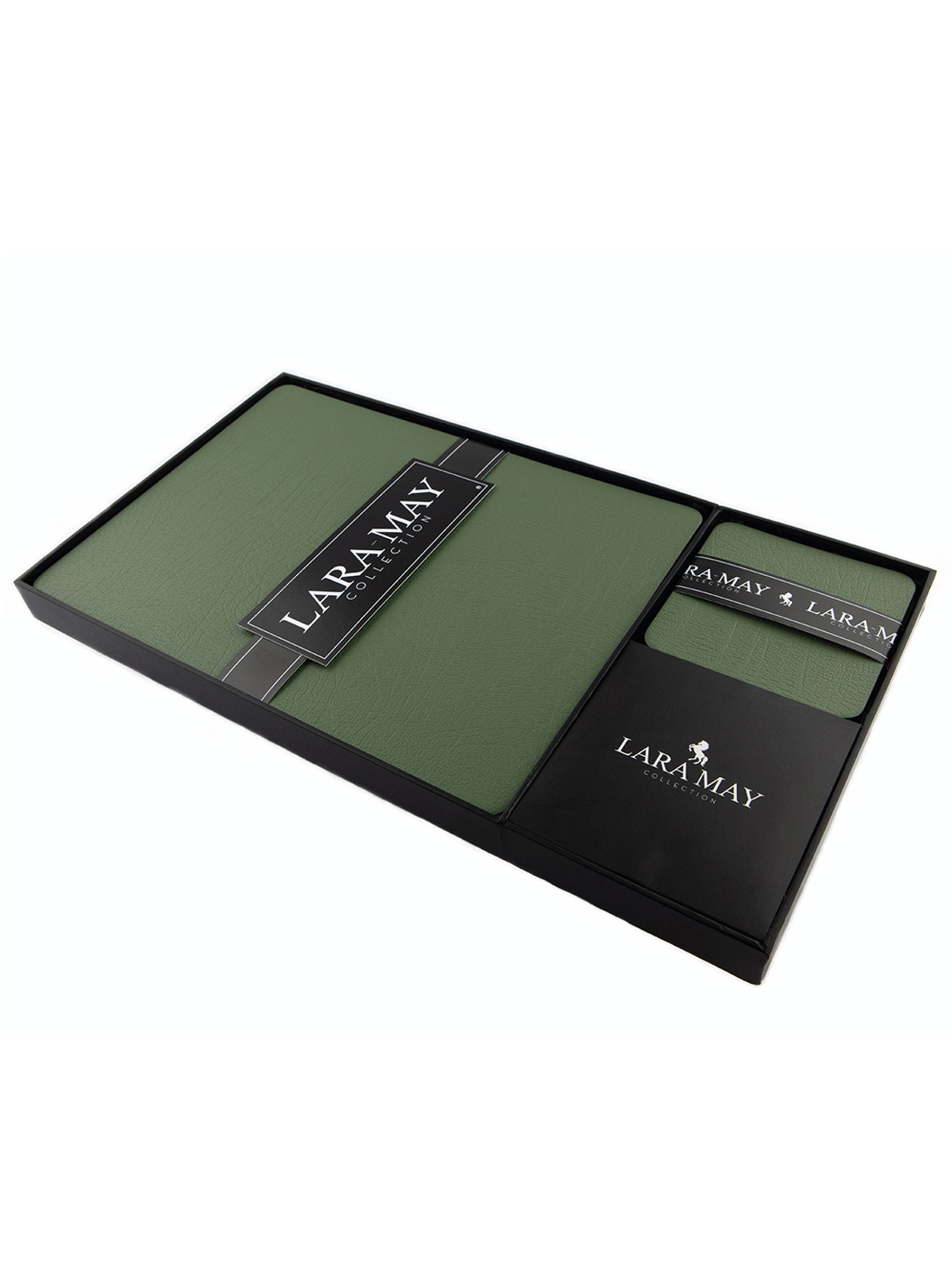 Lara-May olive green leather coasters and placemats set of 6, UK version