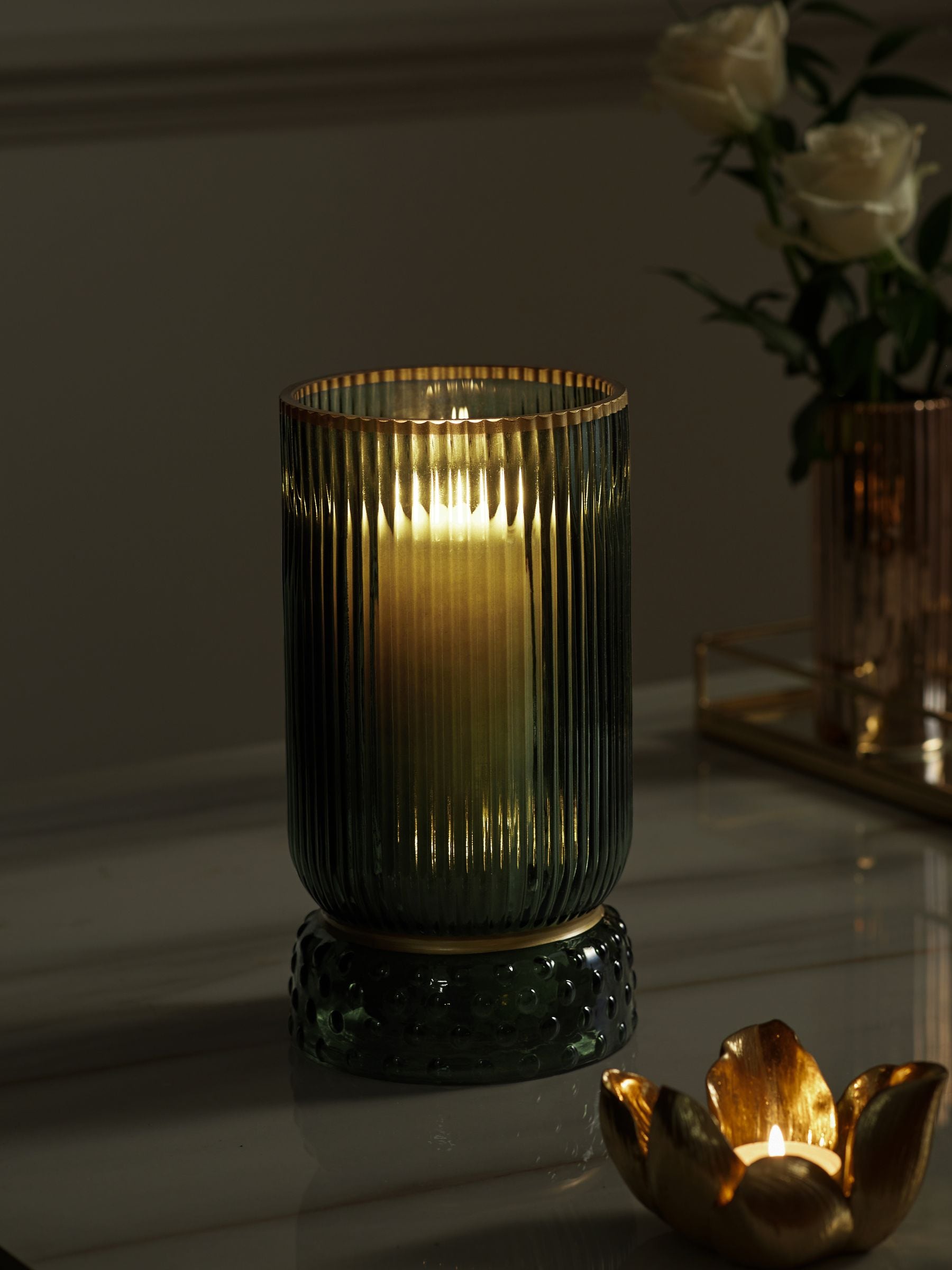 Green ribbed glass hurricane candle holder medium, UK version
