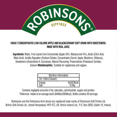 Robinsons Apple & Blackcurrant Squash 66ml, imported from the UK
