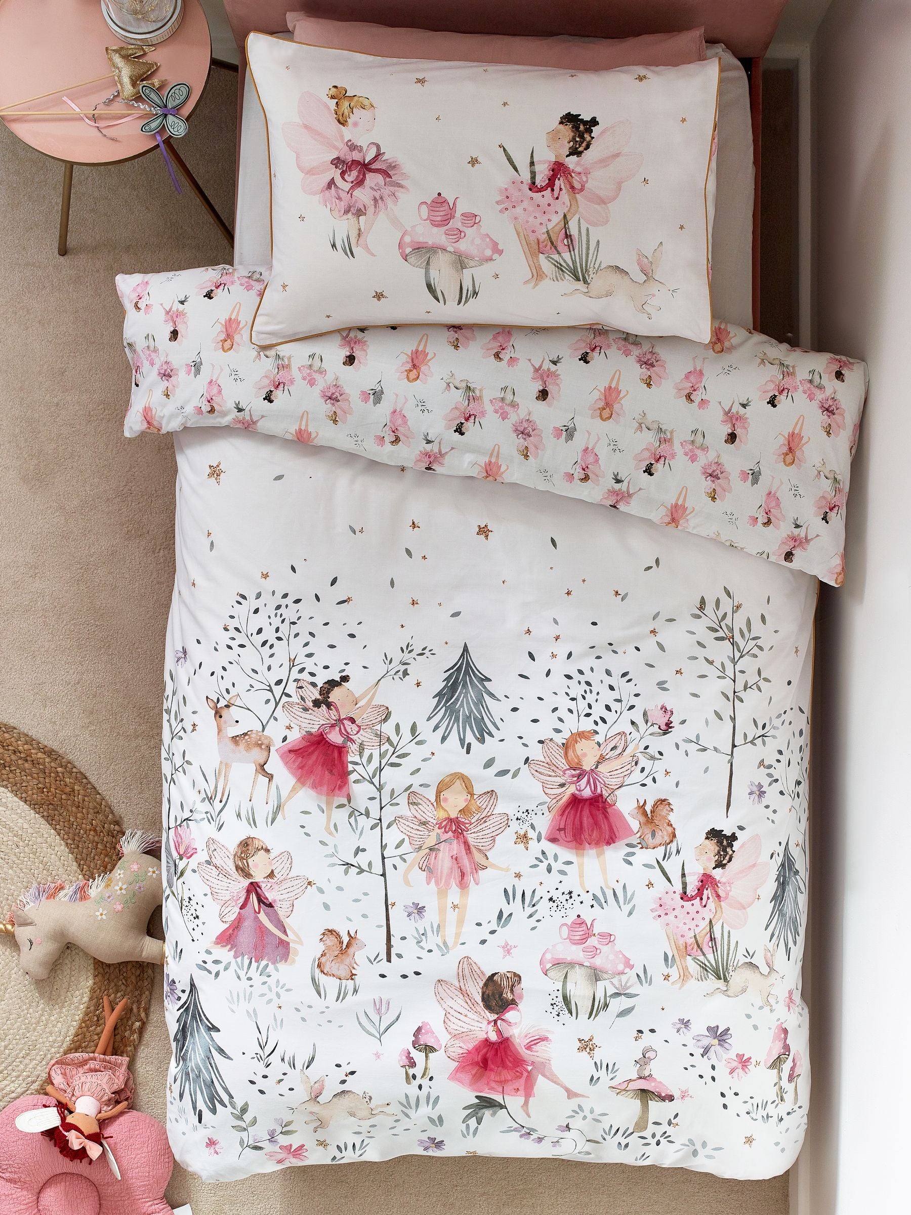 White Fairy Forest printed polycotton duvet cover and pillowcase set (British brand)