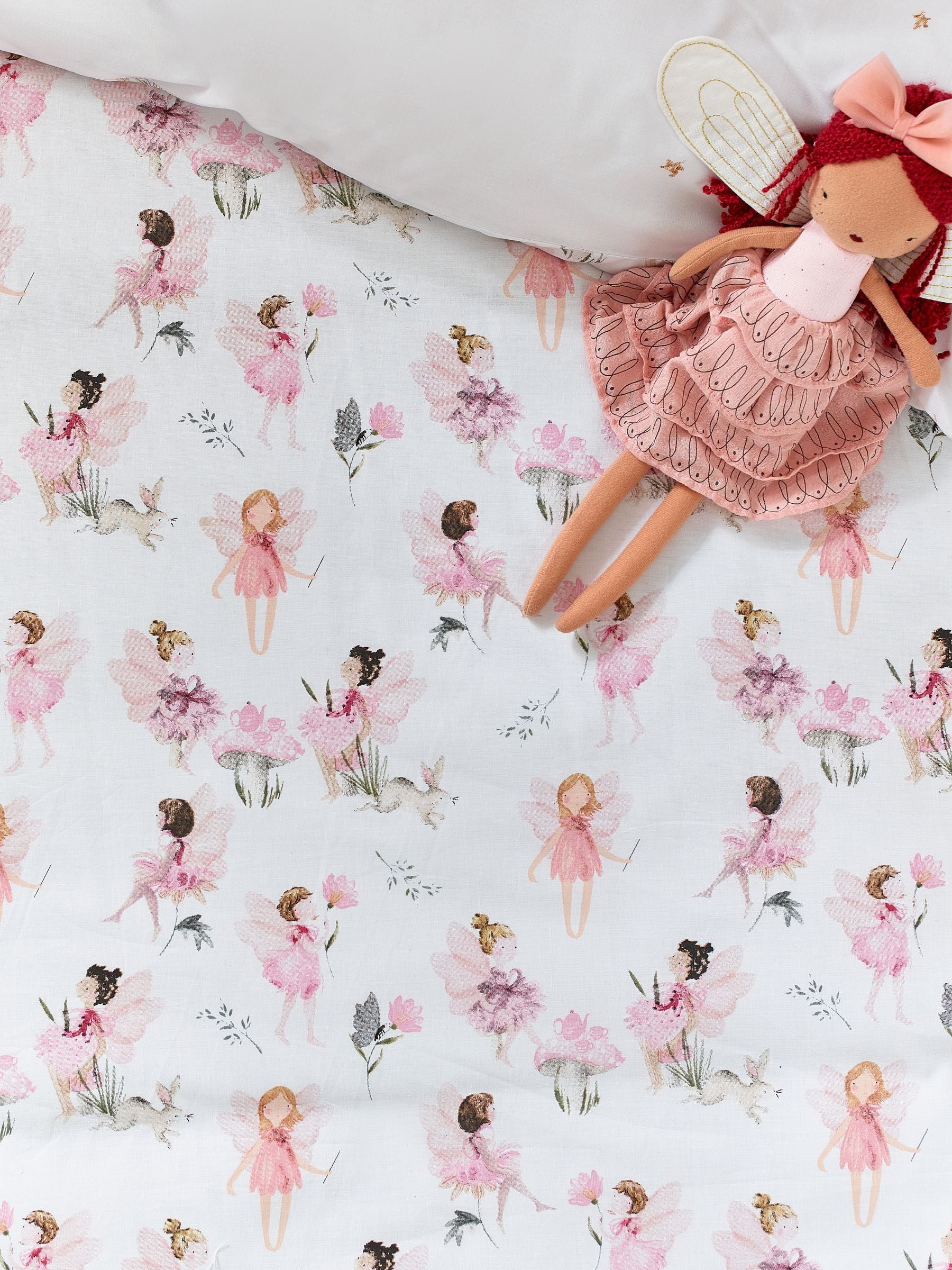 White Fairy Forest printed polycotton duvet cover and pillowcase set (British brand)