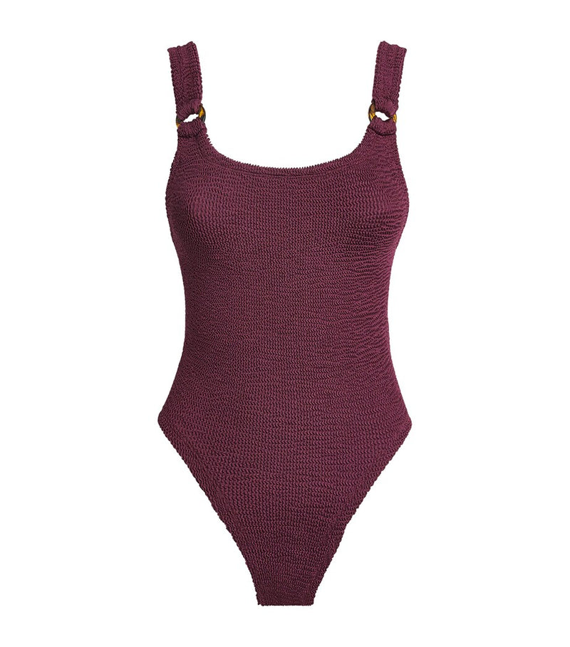 Scoop Neck Sleeveless Swimsuit with Crinkle Material and Tortoiseshell Hoop Straps