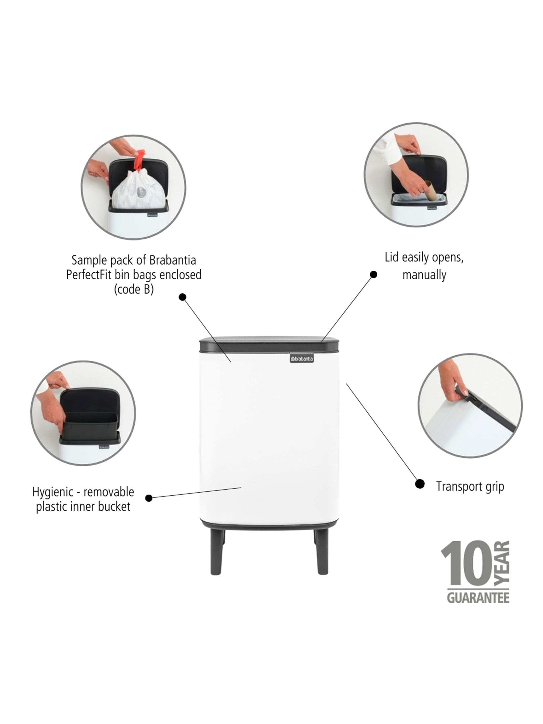 Brabantia White Bo Hi 7L waste bin - British product