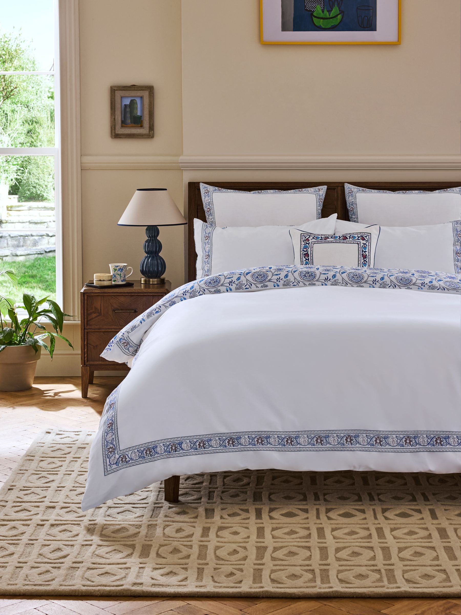 Nina Campbell blue Indienne embroidered duvet cover set, imported from the UK