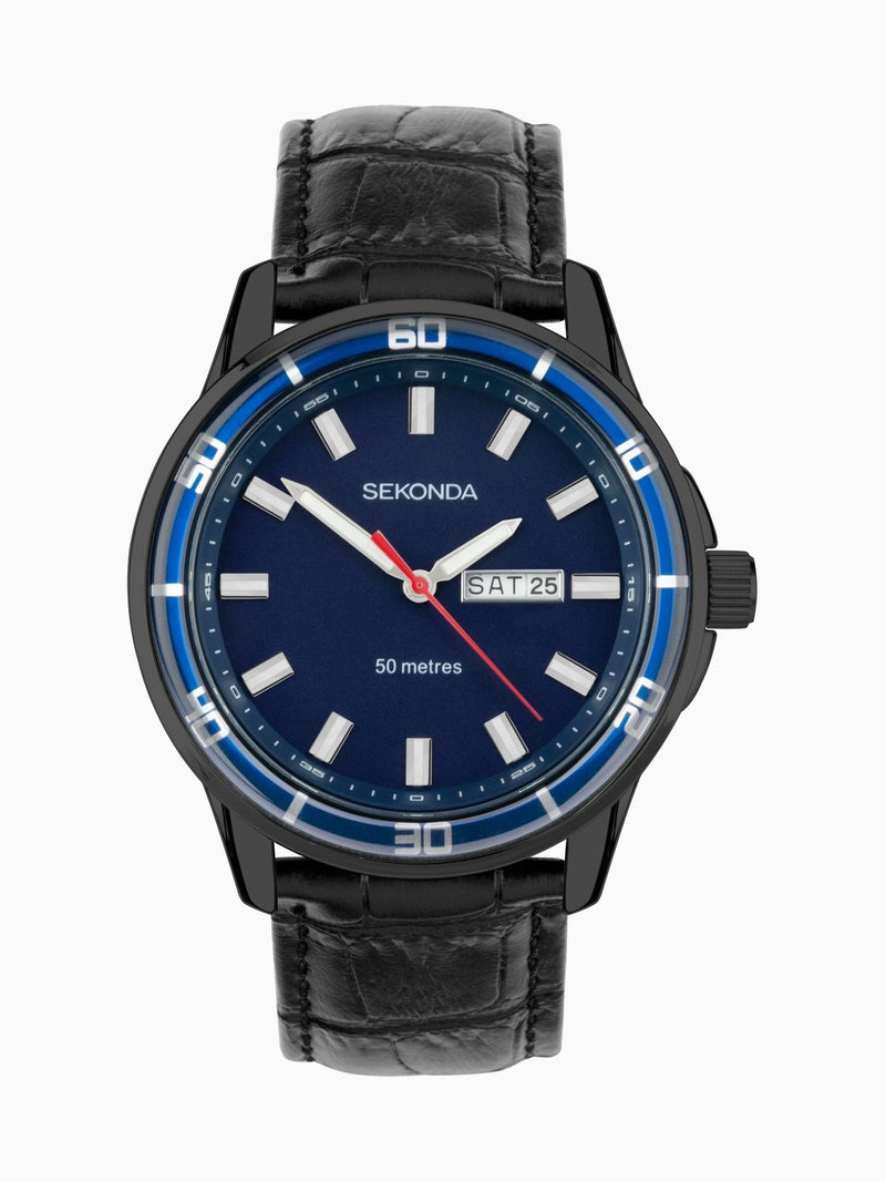 Sekonda Black Midnight 44mm Analogue Watch With Case And Leather Upper Strap With Dial
