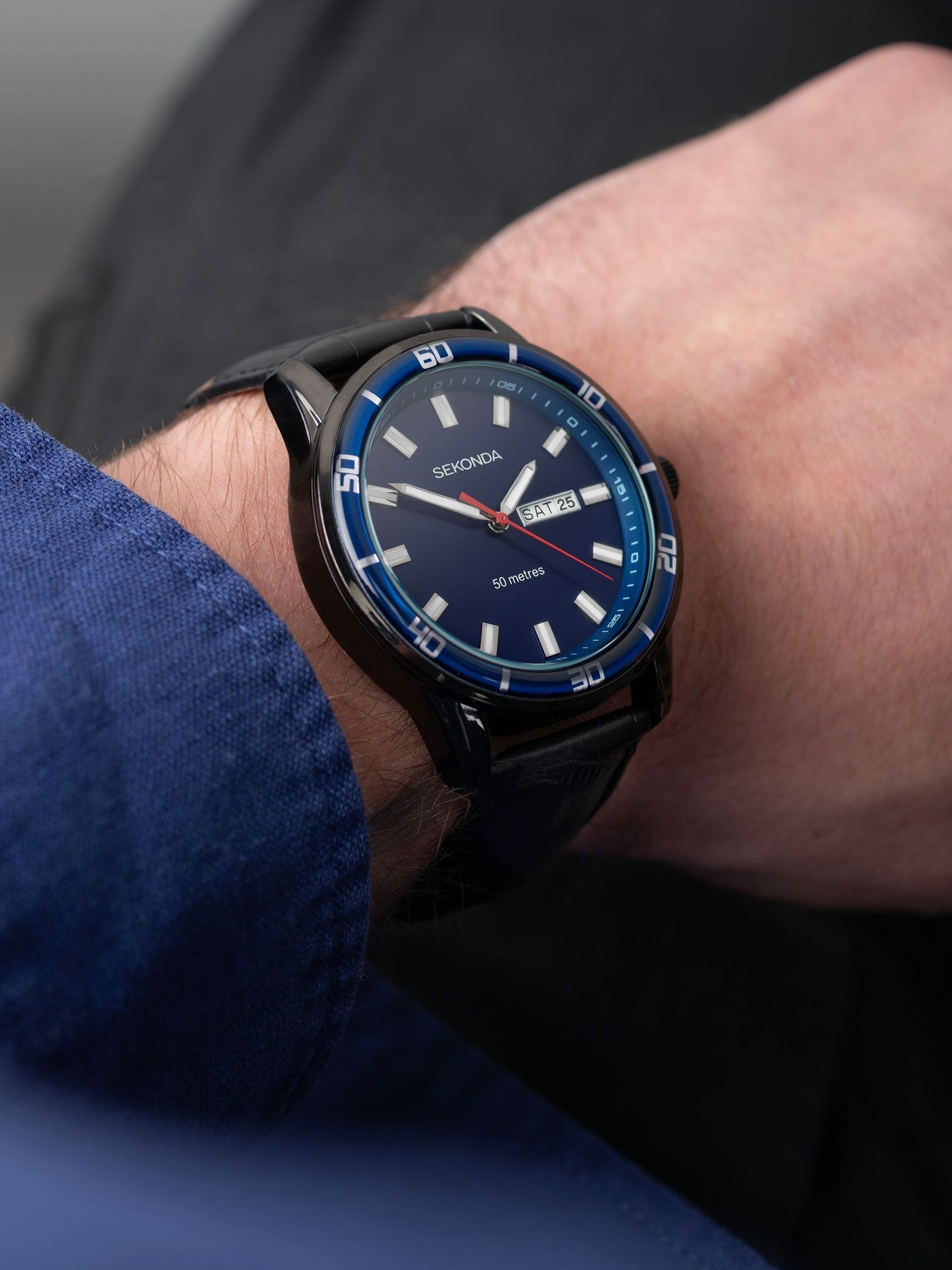 Sekonda Black Midnight 44mm Analogue Watch With Case And Leather Upper Strap With Dial