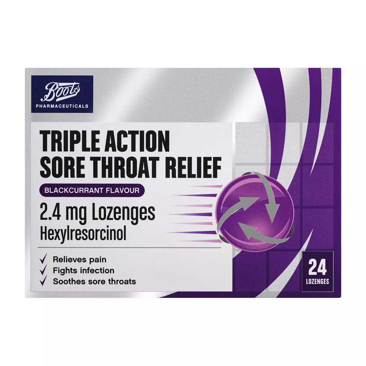 Boots Triple Action Sore Throat Relief 2.4mg Lozenges - Blackcurrant Flavour - 24 Lozenges - McGrocer