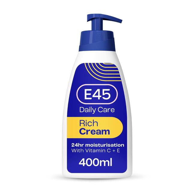 E45 Rich 24H Fast Absorbing Moisturiser Cream for dry skin Pump   400ml - McGrocer