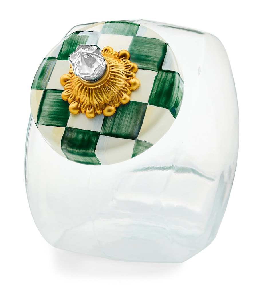 MacKenzie-Childs glass cookie jar with emerald check pattern, 3.8L capacity, imported from the UK