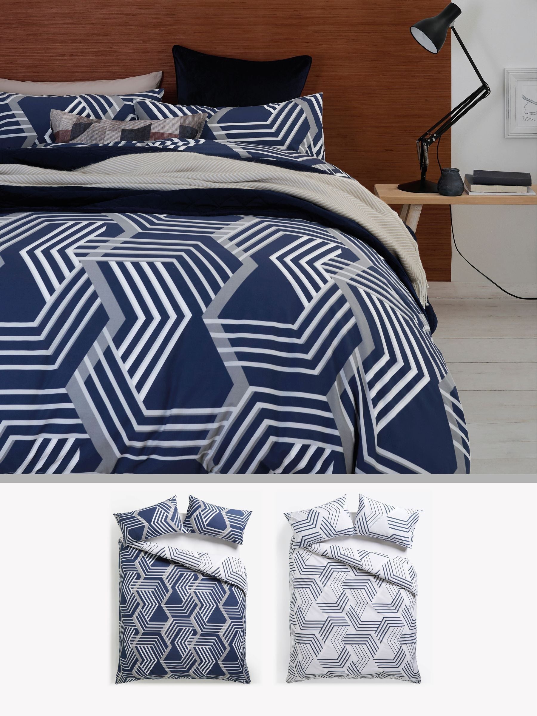 Blue/grey geo reversible duvet cover and pillowcase set, imported from the UK