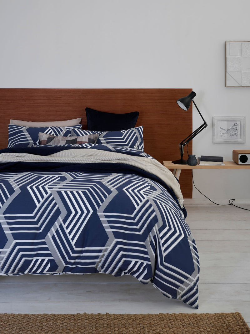 Blue/grey geo reversible duvet cover and pillowcase set, imported from the UK