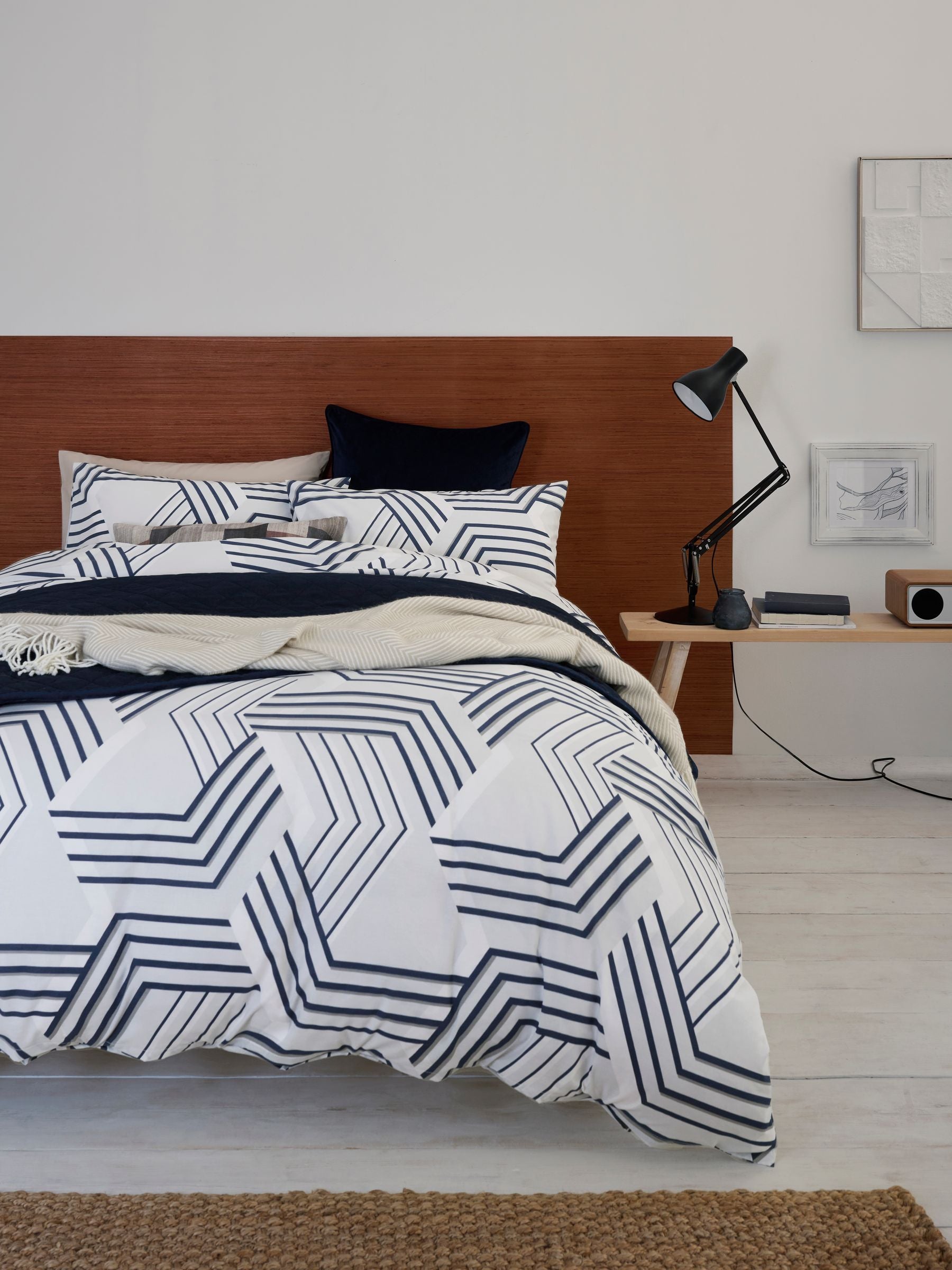 Blue/grey geo reversible duvet cover and pillowcase set, imported from the UK