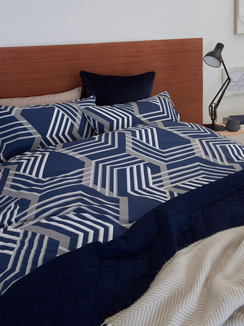 Blue/grey geo reversible duvet cover and pillowcase set, imported from the UK