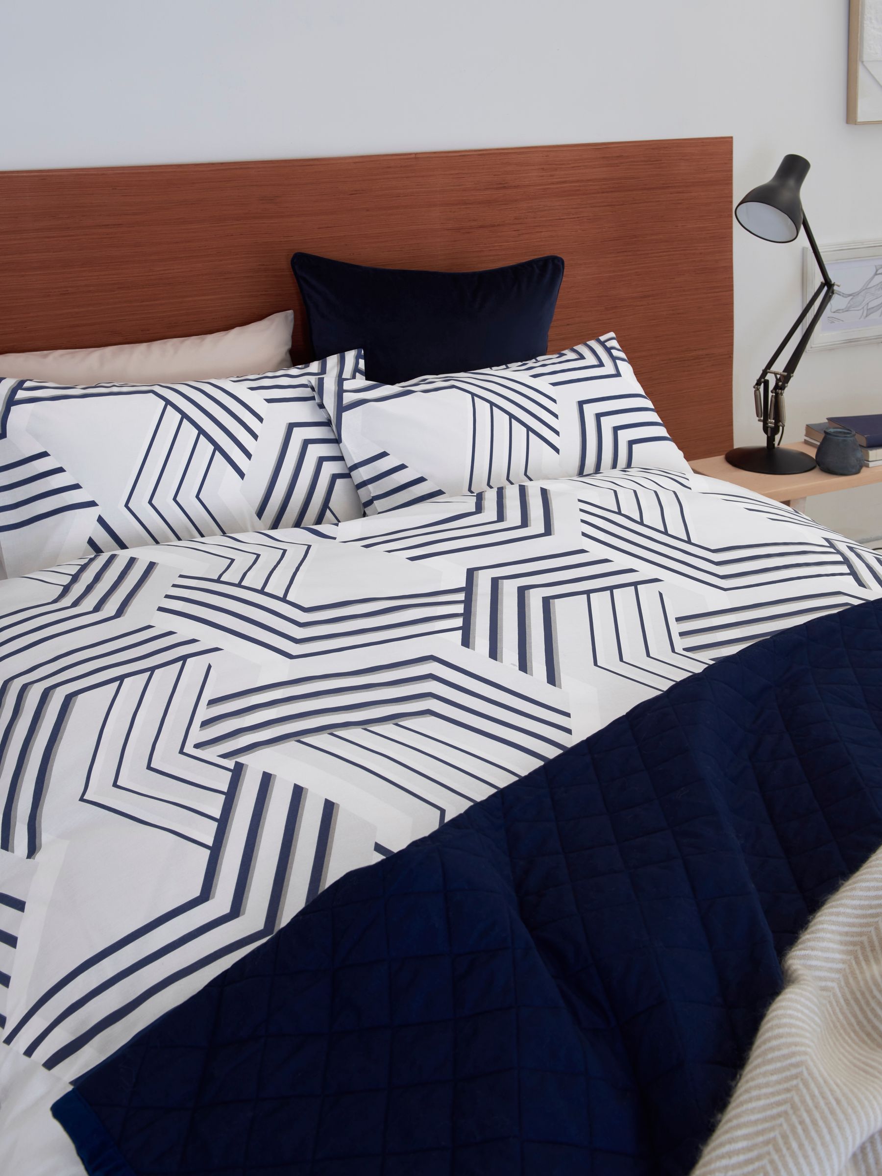 Blue/grey geo reversible duvet cover and pillowcase set, imported from the UK