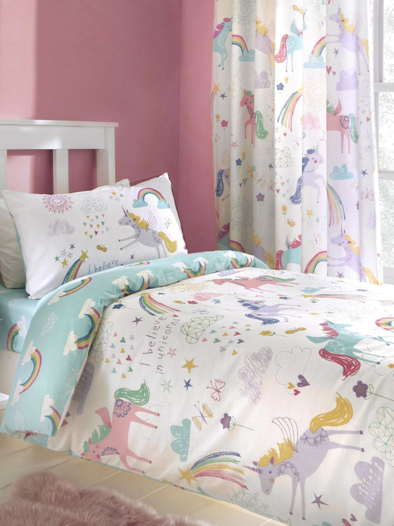 Bedlam White/Green Rainbow Unicorn Duvet Cover and Pillowcase Set